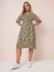 Yours Curve Black Shirred Boho Dress - Image 1 of 4