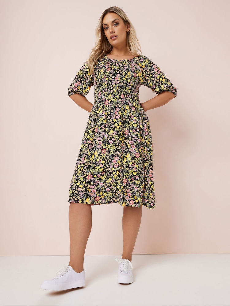 Yours Curve Black Shirred Boho Dress - Image 1 of 4