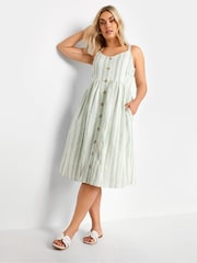 Yours Curve White And Sage Green 100% Cotton Stripe Sundress - Image 1 of 5