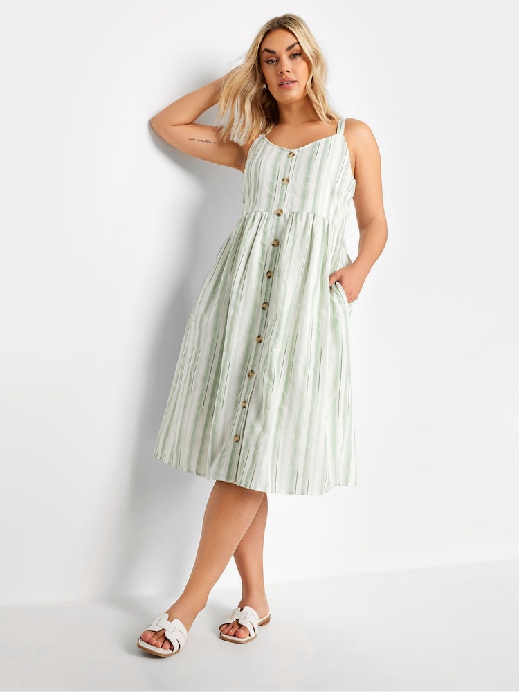Yours Curve White And Sage Green 100% Cotton Stripe Sundress - Image 1 of 5
