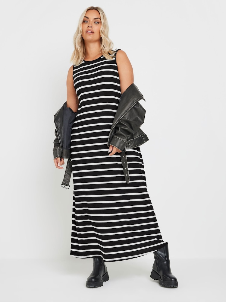 Yours Curve Denim Black Sleeveless Ribbed Swing Maxi Dress - Image 1 of 5