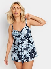 Yours Curve Blue Floral Halo Tab Front Bandeau Swimdress - Image 1 of 6