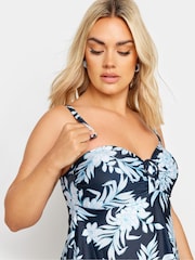 Yours Curve Blue Floral Halo Tab Front Bandeau Swimdress - Image 4 of 6