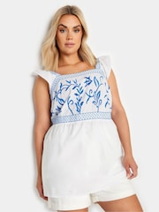 Yours Curve White & Blue Embroidered Peplum 100% Cotton Top - Image 1 of 5