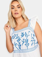 Yours Curve White & Blue Embroidered Peplum 100% Cotton Top - Image 4 of 5