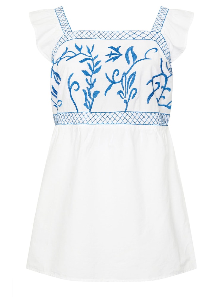 Yours Curve White & Blue Embroidered Peplum 100% Cotton Top - Image 5 of 5