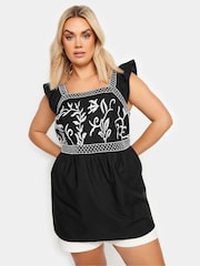Yours Curve Black Embroidered Peplum 100% Cotton Top - Image 1 of 5
