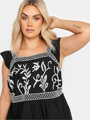 Yours Curve Black Embroidered Peplum 100% Cotton Top - Image 4 of 5