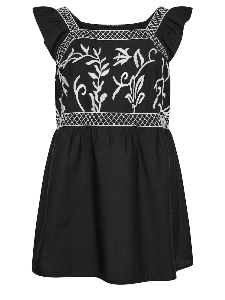 Yours Curve Black Embroidered Peplum 100% Cotton Top - Image 5 of 5
