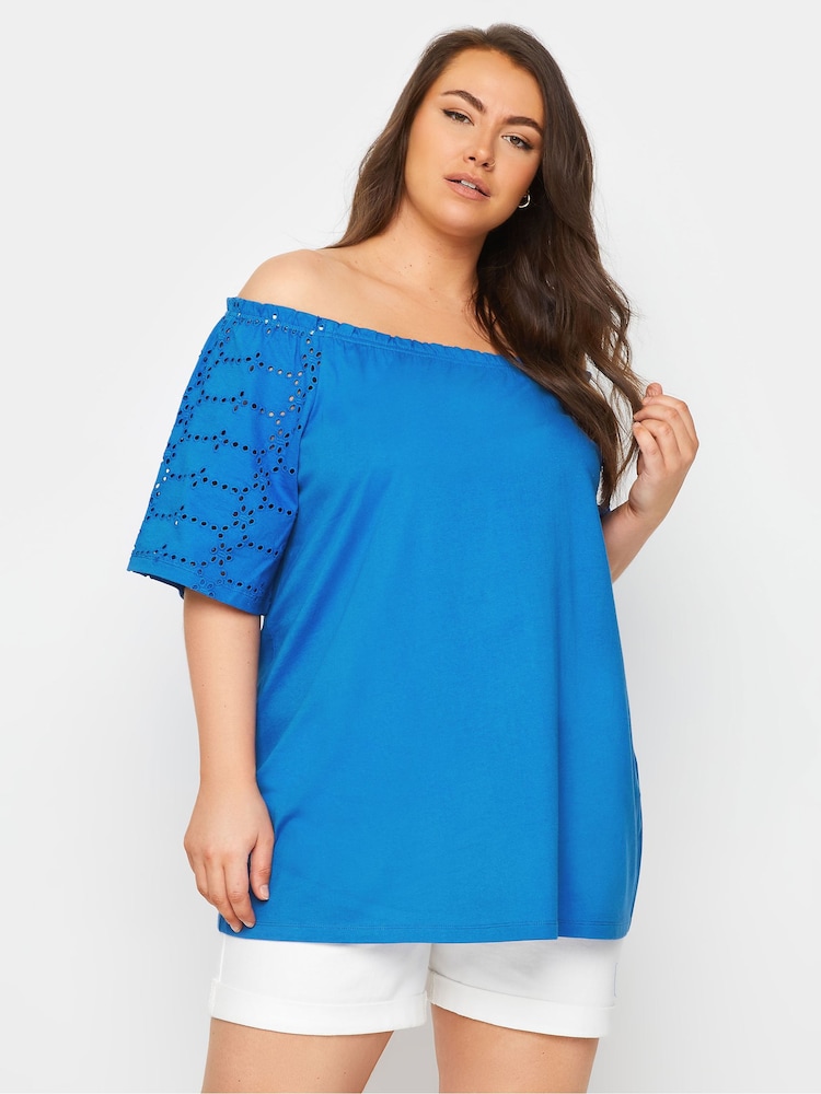 Yours Curve Blue 100% Cotton Broderie Anglaise Bardot Top - Image 1 of 5