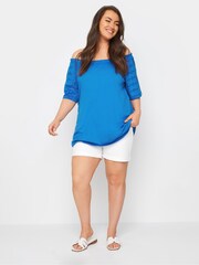 Yours Curve Blue 100% Cotton Broderie Anglaise Bardot Top - Image 2 of 5