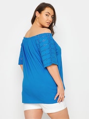 Yours Curve Blue 100% Cotton Broderie Anglaise Bardot Top - Image 3 of 5