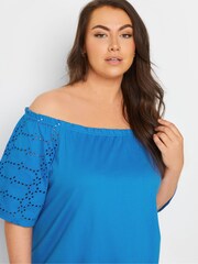 Yours Curve Blue 100% Cotton Broderie Anglaise Bardot Top - Image 4 of 5