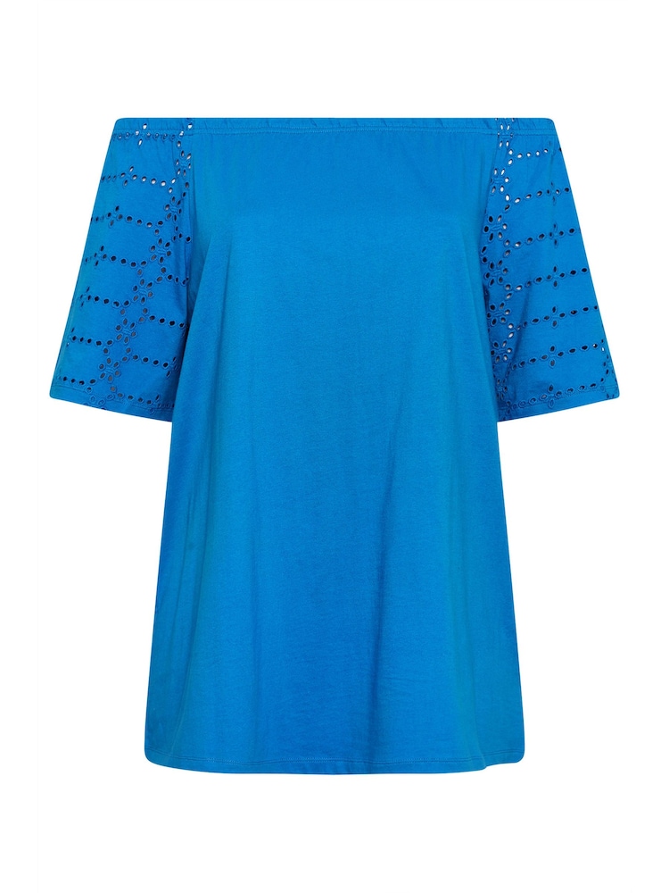 Yours Curve Blue 100% Cotton Broderie Anglaise Bardot Top - Image 5 of 5