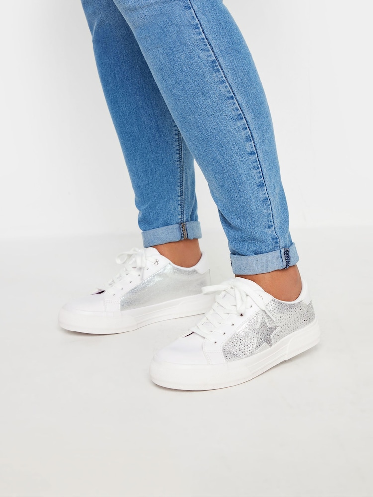 Yours Curve White Extra Wide Fit Diamante Trainers - Image 1 of 5
