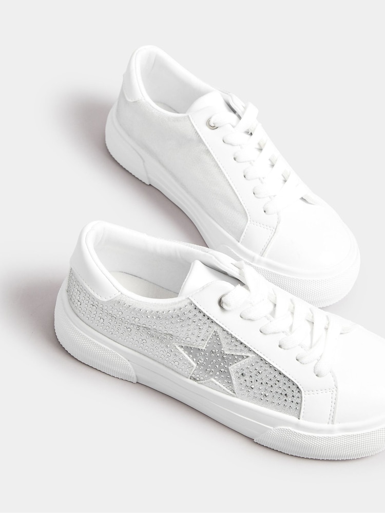 Yours Curve White Extra Wide Fit Diamante Trainers - Image 2 of 5
