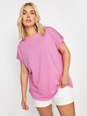 Yours Curve Pink Crochet Detail Linen T-Shirt - Image 1 of 5