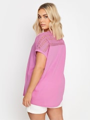 Yours Curve Pink Crochet Detail Linen T-Shirt - Image 3 of 5