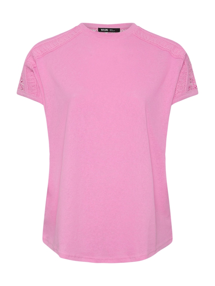 Yours Curve Pink Crochet Detail Linen T-Shirt - Image 5 of 5