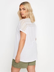 Yours Curve White Crochet Detail Linen T-Shirt - Image 3 of 5
