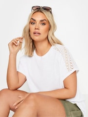 Yours Curve White Crochet Detail Linen T-Shirt - Image 4 of 5