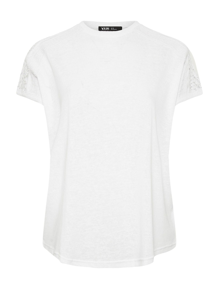 Yours Curve White Crochet Detail Linen T-Shirt - Image 5 of 5