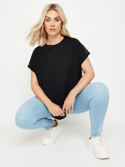 Yours Curve Black Crochet Detail Linen T-Shirt - Image 1 of 5