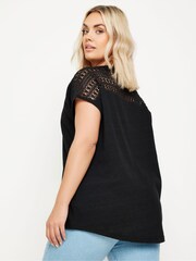 Yours Curve Black Crochet Detail Linen T-Shirt - Image 3 of 5