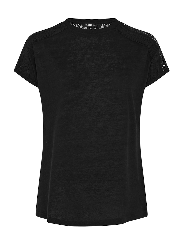Yours Curve Black Crochet Detail Linen T-Shirt - Image 5 of 5