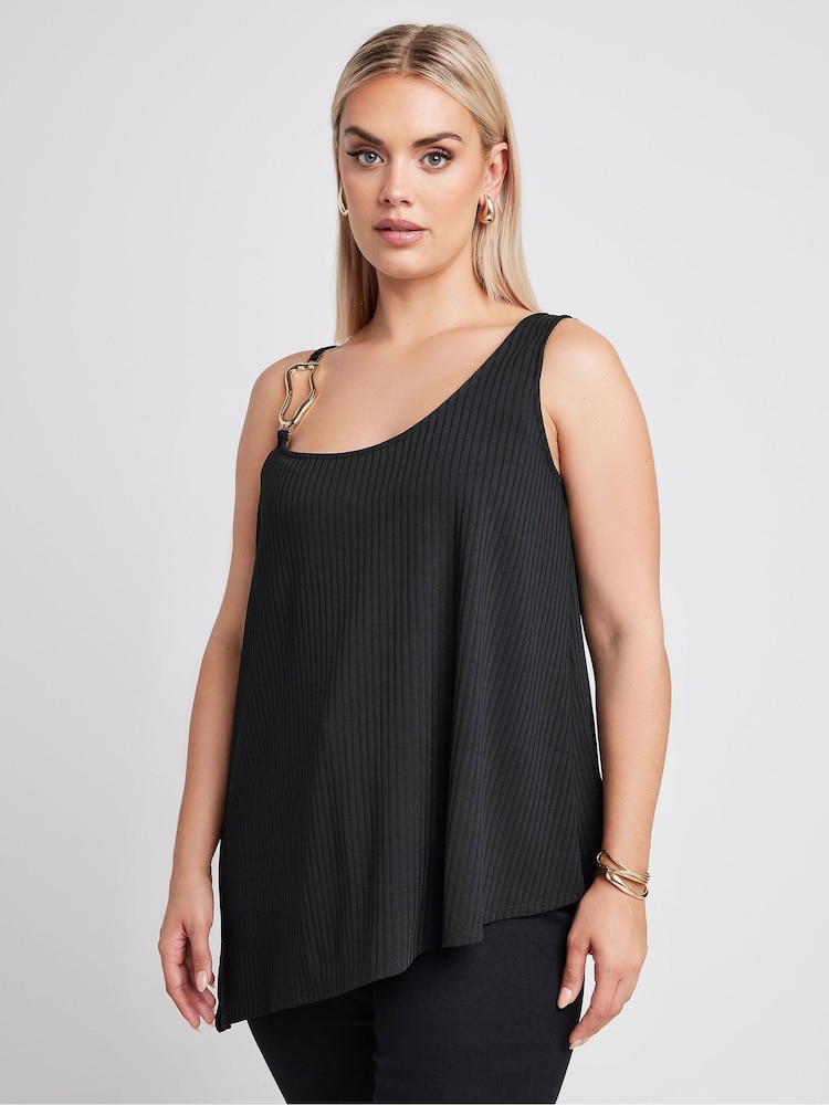 Yours Curve Black Limited Collection Metal Trim Ribbed Vest Top - Image 1 of 5