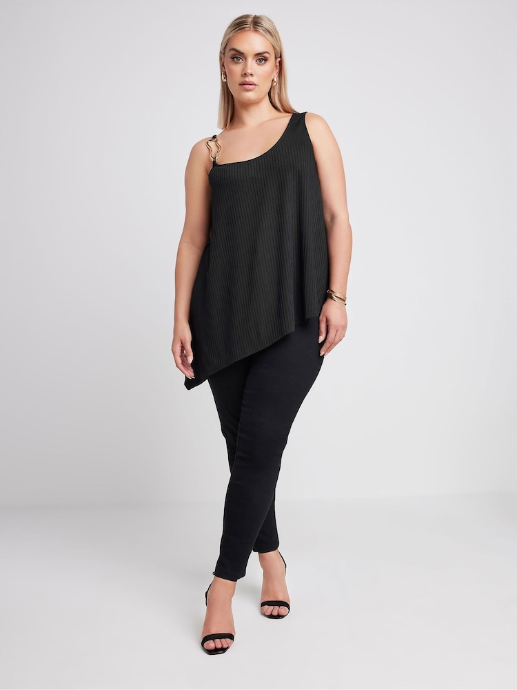 Yours Curve Black Limited Collection Metal Trim Ribbed Vest Top - Image 2 of 5