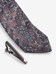Neutral Brown/Blue Paisley Slim Design Tie And Clip - Image 2 of 3