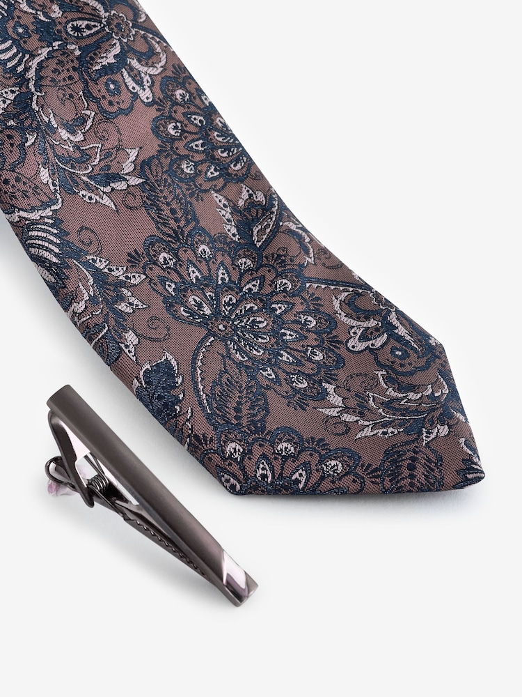 Neutral Brown/Blue Paisley Slim Design Tie And Clip - Image 2 of 3