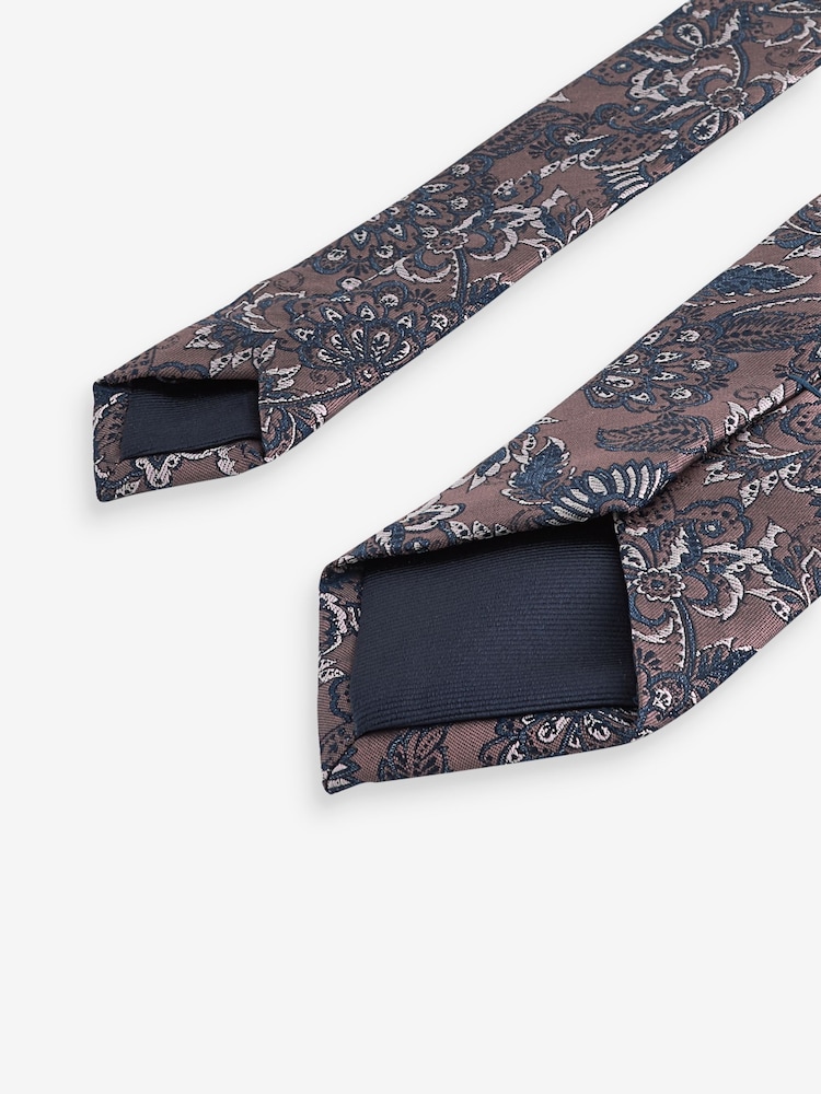 Neutral Brown/Blue Paisley Slim Design Tie And Clip - Image 3 of 3