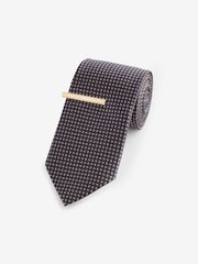 Navy Blue/Brown Pattern Tie And Tie Clip - Image 1 of 3