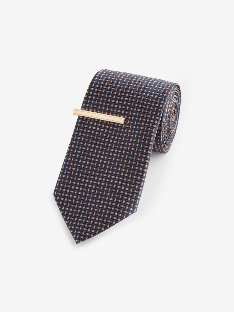 Navy Blue/Brown Pattern Tie And Tie Clip - Image 1 of 3