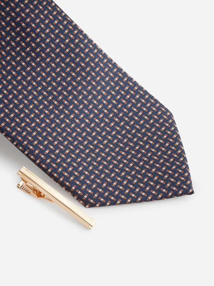 Navy Blue/Brown Pattern Tie And Tie Clip - Image 2 of 3