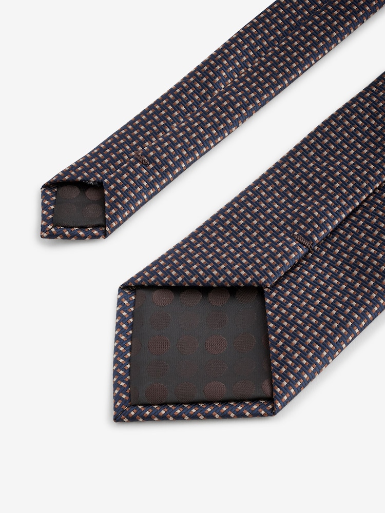 Navy Blue/Brown Pattern Tie And Tie Clip - Image 3 of 3