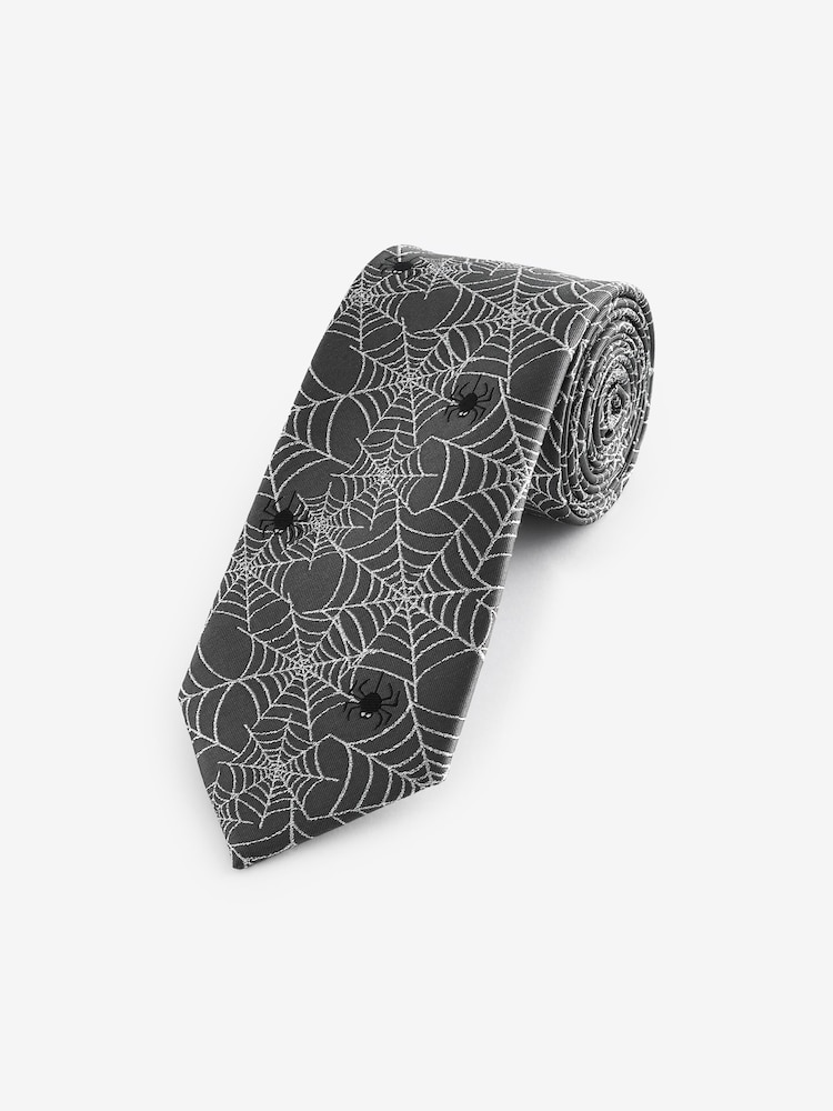 Grey/Silver Cobweb Slim Halloween Design Tie - Image 1 of 3