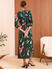 Love & Roses Green Smudge Empire Seam Flute Sleeve Midi Dress - Image 3 of 4
