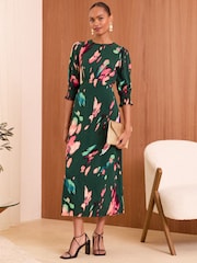 Love & Roses Green Smudge Petite Empire Seam Flute Sleeve Midi Dress - Image 1 of 4