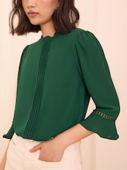 Love & Roses Green Scallop Pintuck Flute Sleeve Blouse - Image 2 of 4