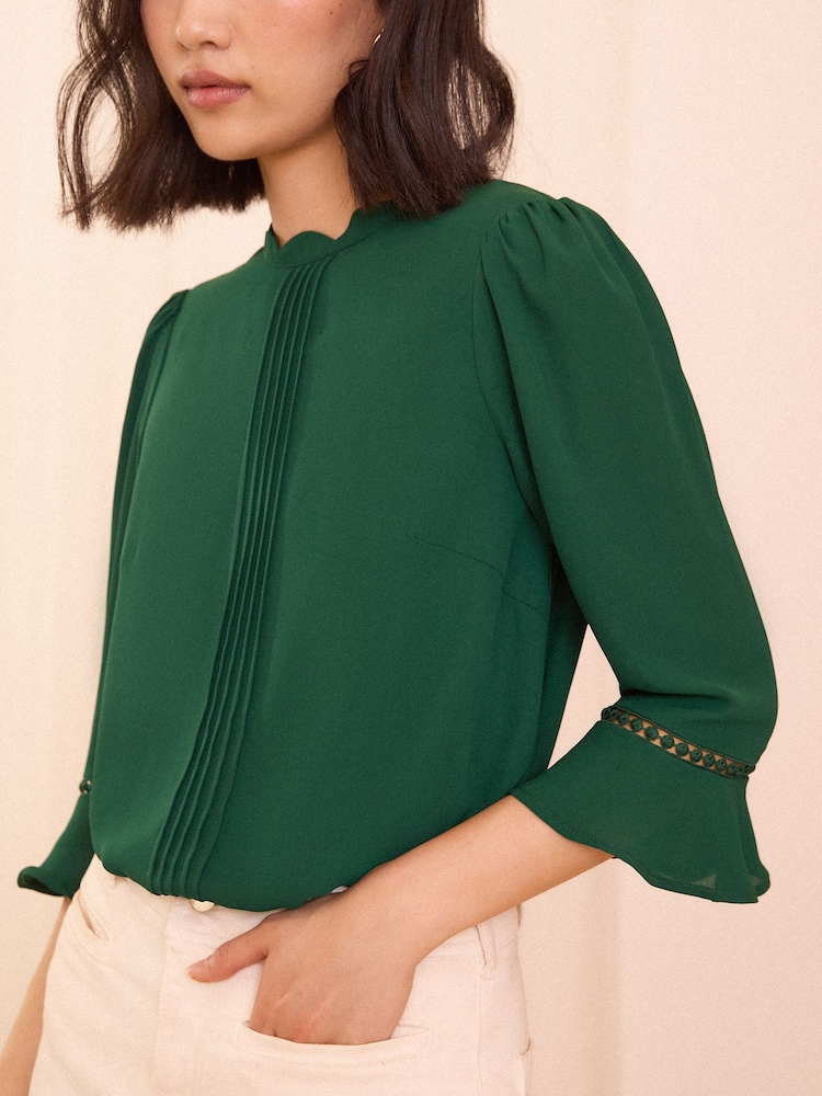 Love & Roses Green Scallop Pintuck Flute Sleeve Blouse - Image 2 of 4