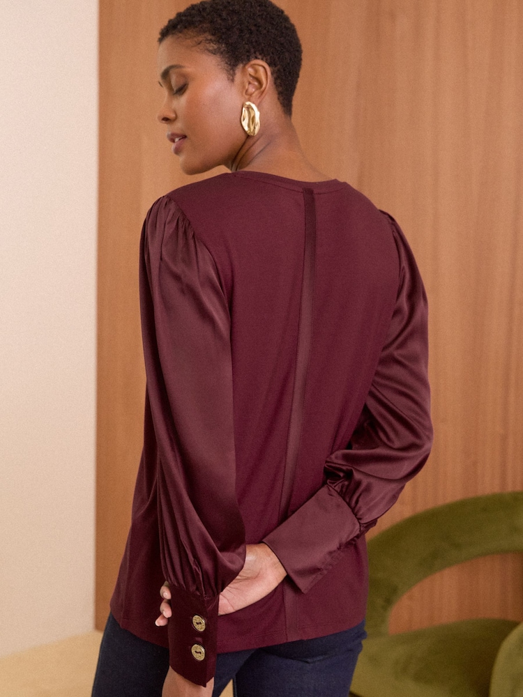 Love & Roses Red Satin Sleeve Jersey Blouse - Image 4 of 4