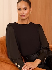 Love & Roses Black Satin Sleeve Jersey Blouse - Image 1 of 4