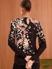 Love & Roses Black Animal PU Trim Crew Neck Jersey Top - Image 3 of 4