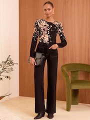 Love & Roses Black Animal PU Trim Crew Neck Jersey Top - Image 4 of 4