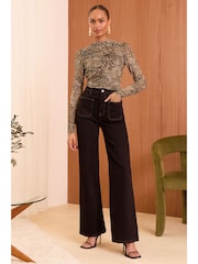 Love & Roses Brown Mesh Ruched Front Jersey Top - Image 2 of 4