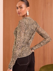 Love & Roses Brown Mesh Ruched Front Jersey Top - Image 3 of 4
