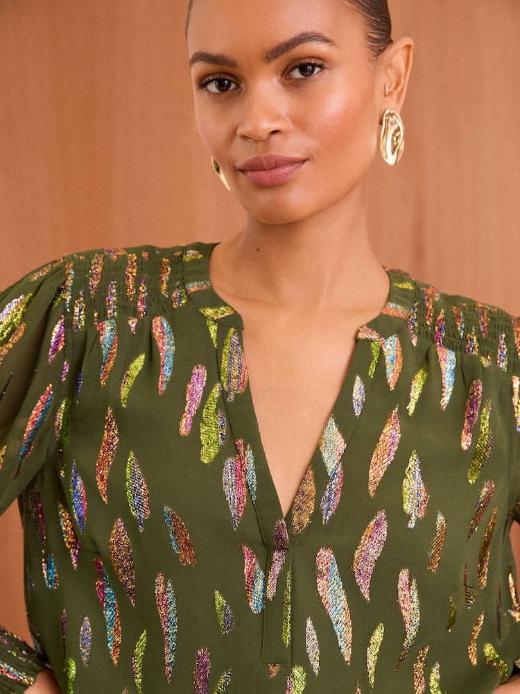 Love & Roses Khaki Green Metallic Chiffon V Neck Long Sleeve Over The Head Blouse - Image 2 of 4